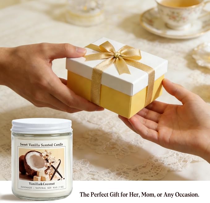 Creamy Vanilla Coconut Scented Candle, Natural Soy Candles with 50+ Hours Burn Time, Anniversary Birthday Gifts for Women