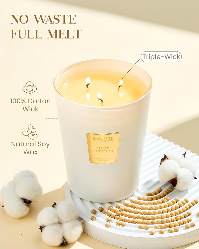 Creamy Vanilla Soy Large Candles, 3-Wick 35oz 150H Long Lasting, Aromatherapy Candle for Bedroom Stress Relief New Year Home
