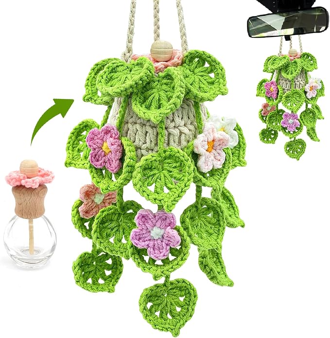 Crochet Car Air Freshener, 15ml Empty Refillable Oil Diffuser Bottle with Hanging Crochet Flowers Plant for Car Rearview