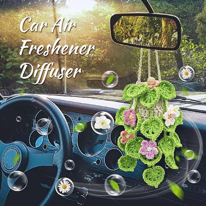 Crochet Car Air Freshener, 15ml Empty Refillable Oil Diffuser Bottle with Hanging Crochet Flowers Plant for Car Rearview