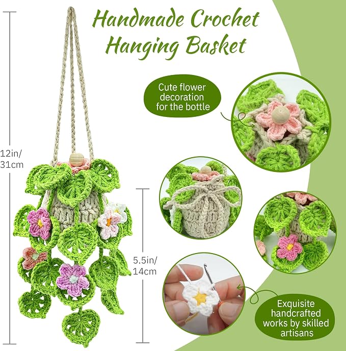 Crochet Car Air Freshener, 15ml Empty Refillable Oil Diffuser Bottle with Hanging Crochet Flowers Plant for Car Rearview