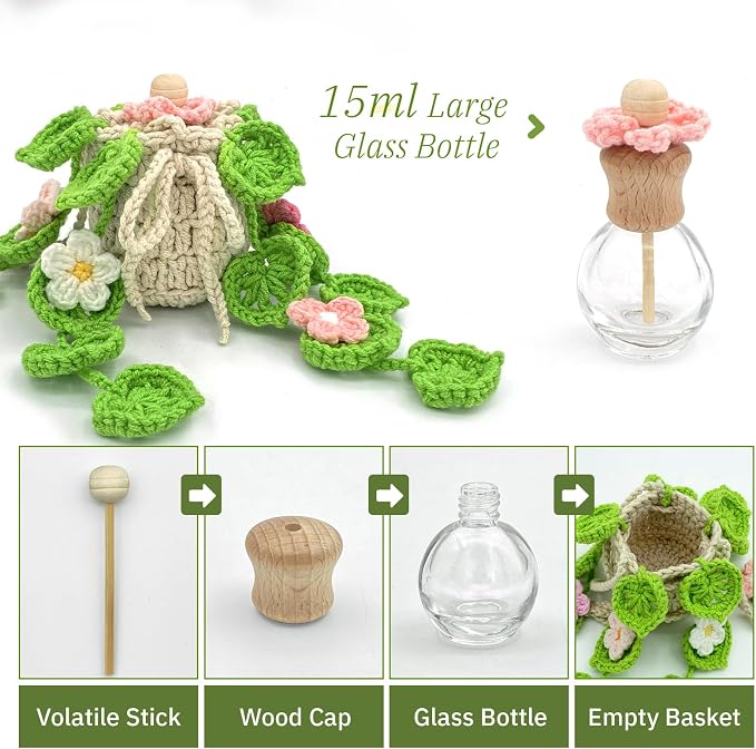 Crochet Car Air Freshener, 15ml Empty Refillable Oil Diffuser Bottle with Hanging Crochet Flowers Plant for Car Rearview