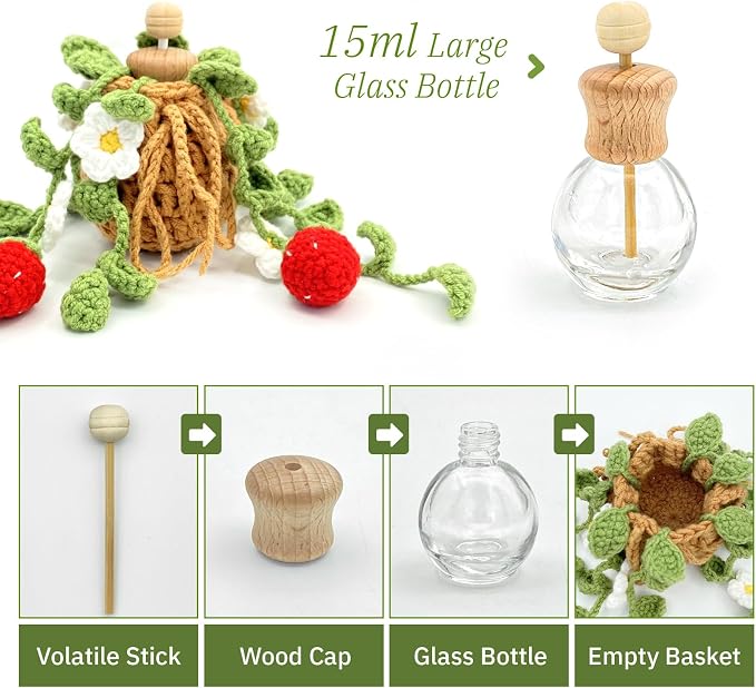 Crochet Car Air Freshener, 15ml Empty Refillable Oil Diffuser Bottle with Hanging Crochet Cute Plant for Car Rearview Mirror