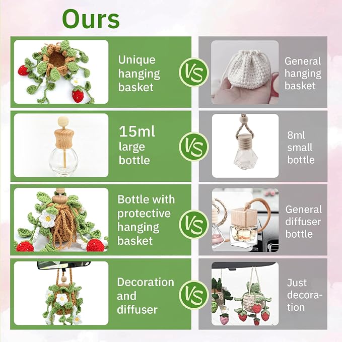 Crochet Car Air Freshener, 15ml Empty Refillable Oil Diffuser Bottle with Hanging Crochet Cute Plant for Car Rearview Mirror
