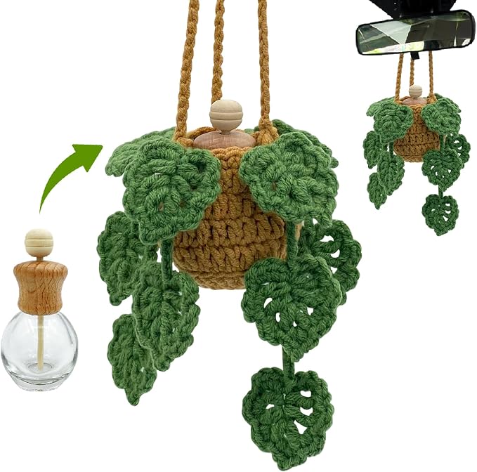 Crochet Car Air Freshener, 15ml Empty Refillable Oil Diffuser Bottle with Hanging Crochet Plant for Car Rearview Mirror