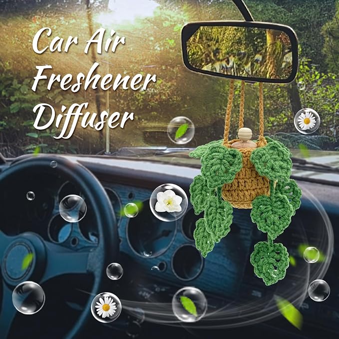 Crochet Car Air Freshener, 15ml Empty Refillable Oil Diffuser Bottle with Hanging Crochet Plant for Car Rearview Mirror
