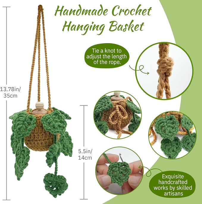 Crochet Car Air Freshener, 15ml Empty Refillable Oil Diffuser Bottle with Hanging Crochet Plant for Car Rearview Mirror
