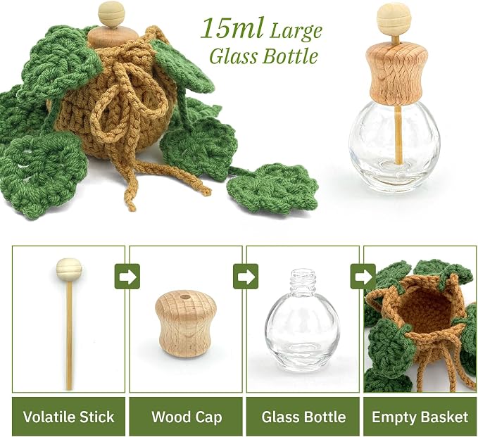 Crochet Car Air Freshener, 15ml Empty Refillable Oil Diffuser Bottle with Hanging Crochet Plant for Car Rearview Mirror
