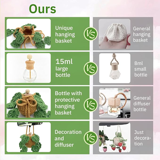 Crochet Car Air Freshener, 15ml Empty Refillable Oil Diffuser Bottle with Hanging Crochet Plant for Car Rearview Mirror