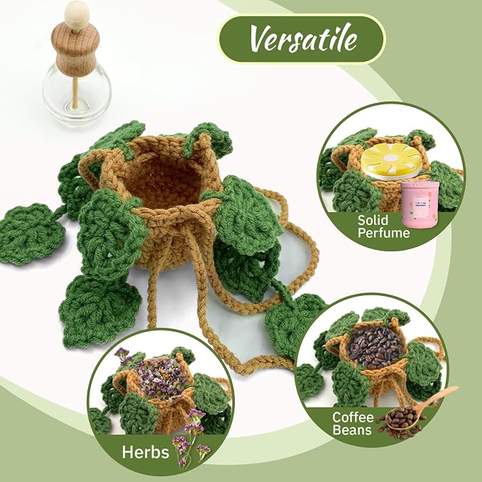 Crochet Car Air Freshener, 15ml Empty Refillable Oil Diffuser Bottle with Hanging Crochet Plant for Car Rearview Mirror