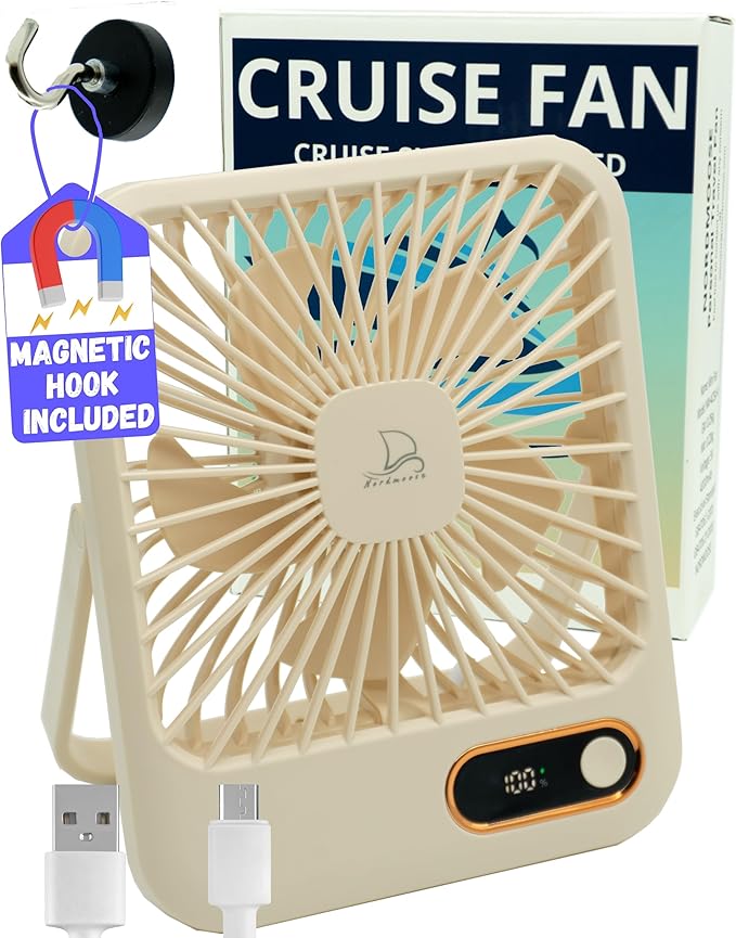 Cruise Ship Approved Fan – Up To 16 Hours Battery Life, USB Rechargeable, Battery-Powered Travel Fan for Sleeping – Magnetic
