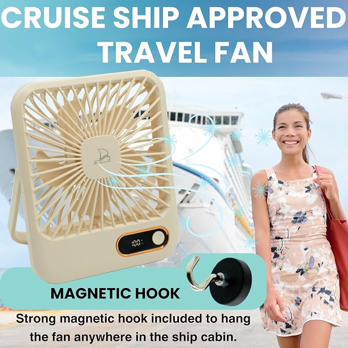 Cruise Ship Approved Fan – Up To 16 Hours Battery Life, USB Rechargeable, Battery-Powered Travel Fan for Sleeping – Magnetic