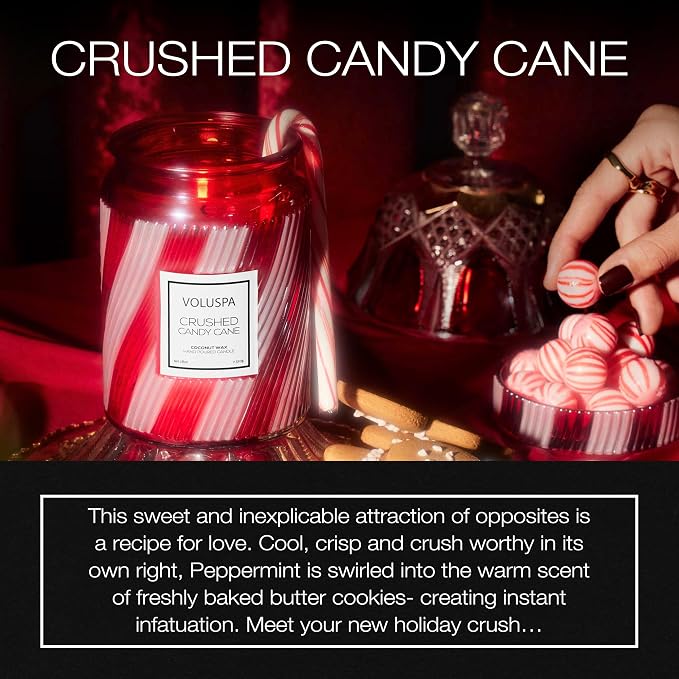 Crushed Candy Cane, Large Candle Jar, 18 oz, 100 Hour Burn Time, Coconut Wax for Clean Burning, Handcrafted in The USA