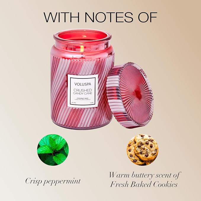 Crushed Candy Cane, Large Candle Jar, 18 oz, 100 Hour Burn Time, Coconut Wax for Clean Burning, Handcrafted in The USA