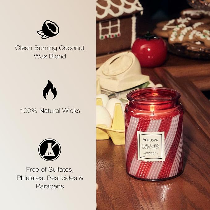 Crushed Candy Cane, Large Candle Jar, 18 oz, 100 Hour Burn Time, Coconut Wax for Clean Burning, Handcrafted in The USA