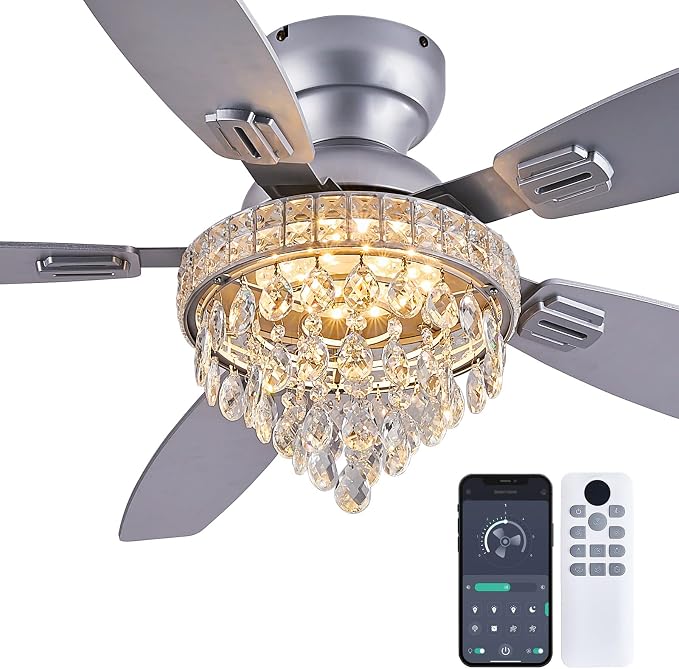 Crystal Ceiling Fan Fandelier with Lights-Ceiling Fans with Lights,54" Low Profile and Remote Control, Flush Mount