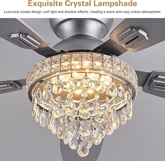 Crystal Ceiling Fan Fandelier with Lights-Ceiling Fans with Lights,54" Low Profile and Remote Control, Flush Mount