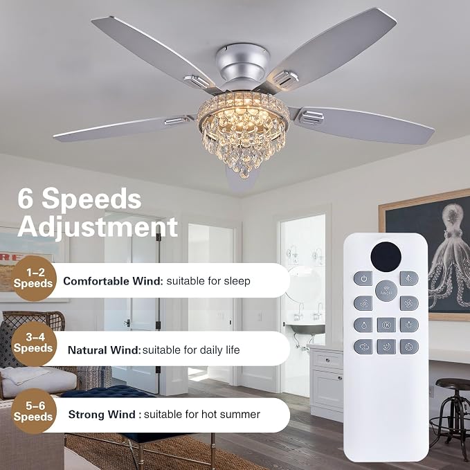 Crystal Ceiling Fan Fandelier with Lights-Ceiling Fans with Lights,54" Low Profile and Remote Control, Flush Mount