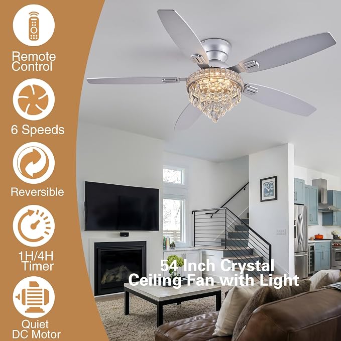 Crystal Ceiling Fan Fandelier with Lights-Ceiling Fans with Lights,54" Low Profile and Remote Control, Flush Mount