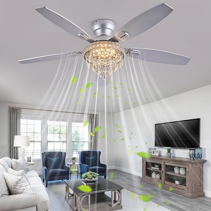 Crystal Ceiling Fan Fandelier with Lights-Ceiling Fans with Lights,54" Low Profile and Remote Control, Flush Mount