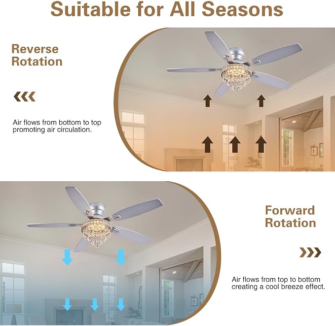 Crystal Ceiling Fan Fandelier with Lights-Ceiling Fans with Lights,54" Low Profile and Remote Control, Flush Mount