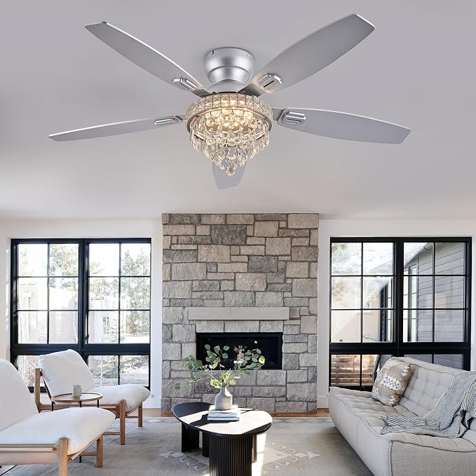 Crystal Ceiling Fan Fandelier with Lights-Ceiling Fans with Lights,54" Low Profile and Remote Control, Flush Mount