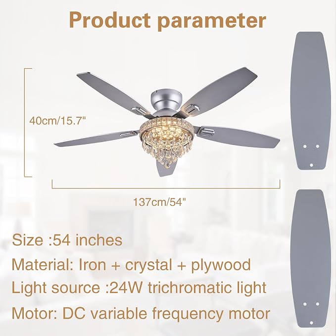Crystal Ceiling Fan Fandelier with Lights-Ceiling Fans with Lights,54" Low Profile and Remote Control, Flush Mount