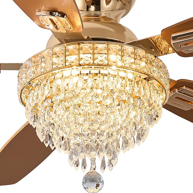 Crystal Ceiling Fan Fandelier with Lights-Ceiling Fans,50" Low Profile and Remote Control, Flush Mount