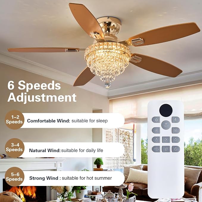 Crystal Ceiling Fan Fandelier with Lights-Ceiling Fans,50" Low Profile and Remote Control, Flush Mount, alternate view 3