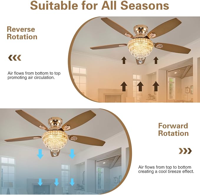 Crystal Ceiling Fan Fandelier with Lights-Ceiling Fans,50" Low Profile and Remote Control, Flush Mount, alternate view 4