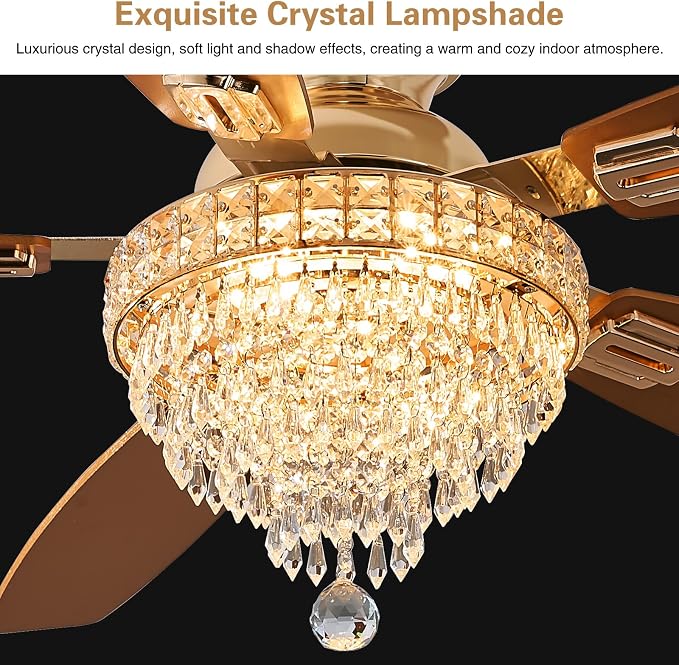 Crystal Ceiling Fan Fandelier with Lights-Ceiling Fans,50" Low Profile and Remote Control, Flush Mount, alternate view 5