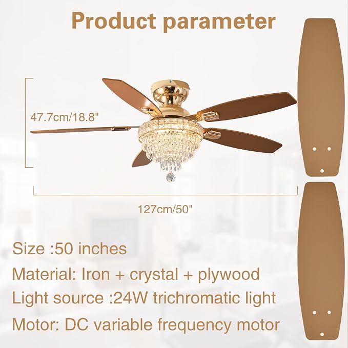Crystal Ceiling Fan Fandelier with Lights-Ceiling Fans,50" Low Profile and Remote Control, Flush Mount, alternate view 7