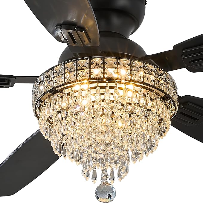 Crystal Ceiling Fan Fandelier with Lights-Ceiling Fans,50" Low Profile and Remote Control, Flush Mount
