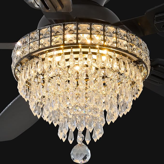 Crystal Ceiling Fan Fandelier with Lights-Ceiling Fans,50" Low Profile and Remote Control, Flush Mount, alternate view 2