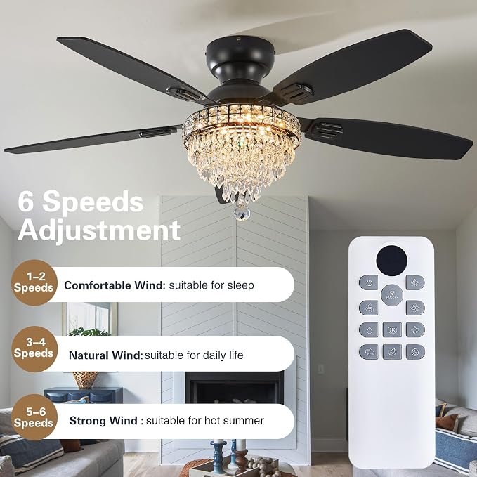Crystal Ceiling Fan Fandelier with Lights-Ceiling Fans,50" Low Profile and Remote Control, Flush Mount, alternate view 3