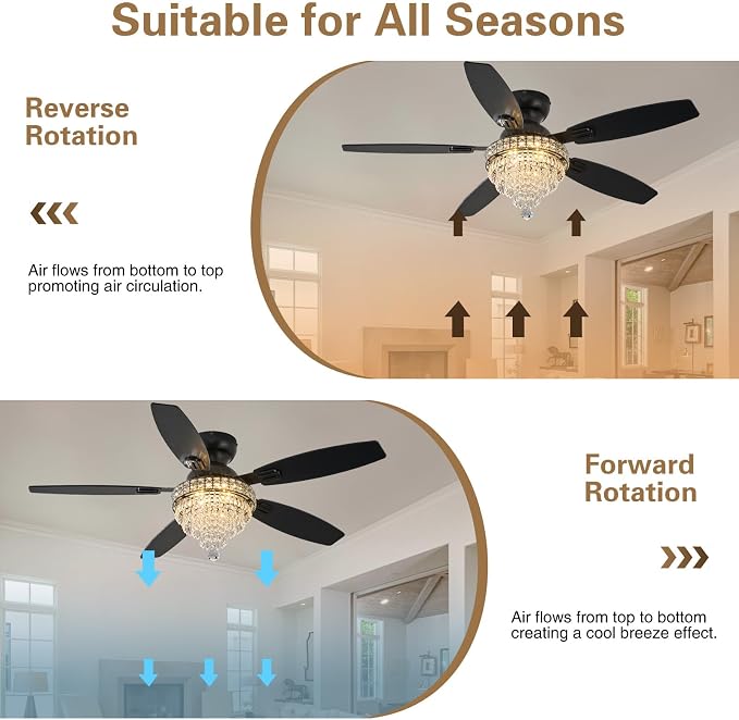 Crystal Ceiling Fan Fandelier with Lights-Ceiling Fans,50" Low Profile and Remote Control, Flush Mount, alternate view 4