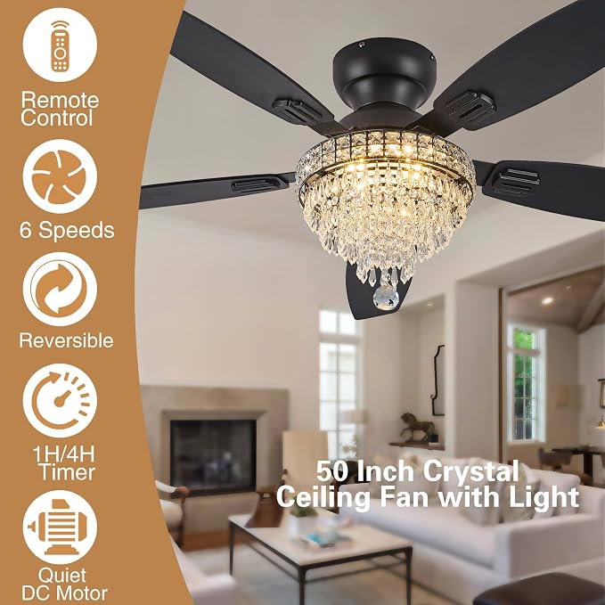 Crystal Ceiling Fan Fandelier with Lights-Ceiling Fans,50" Low Profile and Remote Control, Flush Mount, alternate view 5