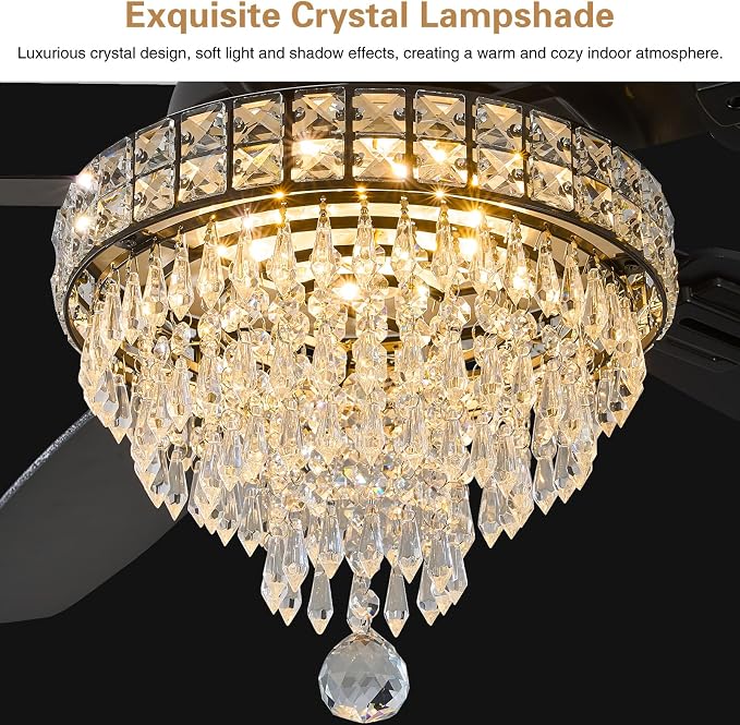 Crystal Ceiling Fan Fandelier with Lights-Ceiling Fans,50" Low Profile and Remote Control, Flush Mount, alternate view 6