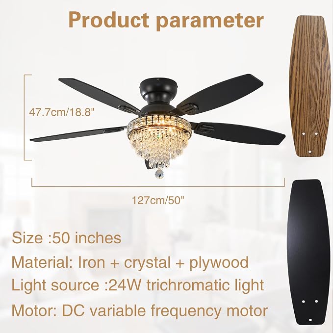 Crystal Ceiling Fan Fandelier with Lights-Ceiling Fans,50" Low Profile and Remote Control, Flush Mount, alternate view 8