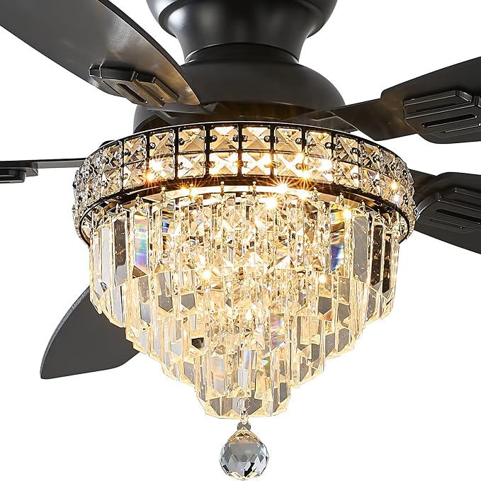 Crystal Ceiling Fan Fandelier with Lights-Ceiling Fans,50" Low Profile and Remote Control, Flush Mount