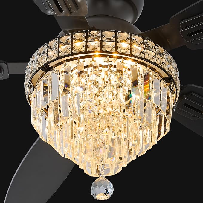 Crystal Ceiling Fan Fandelier with Lights-Ceiling Fans,50" Low Profile and Remote Control, Flush Mount, alternate view 2