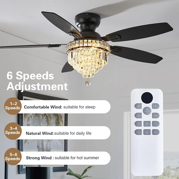 Crystal Ceiling Fan Fandelier with Lights-Ceiling Fans,50" Low Profile and Remote Control, Flush Mount, alternate view 3