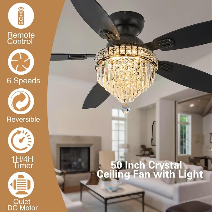 Crystal Ceiling Fan Fandelier with Lights-Ceiling Fans,50" Low Profile and Remote Control, Flush Mount, alternate view 4