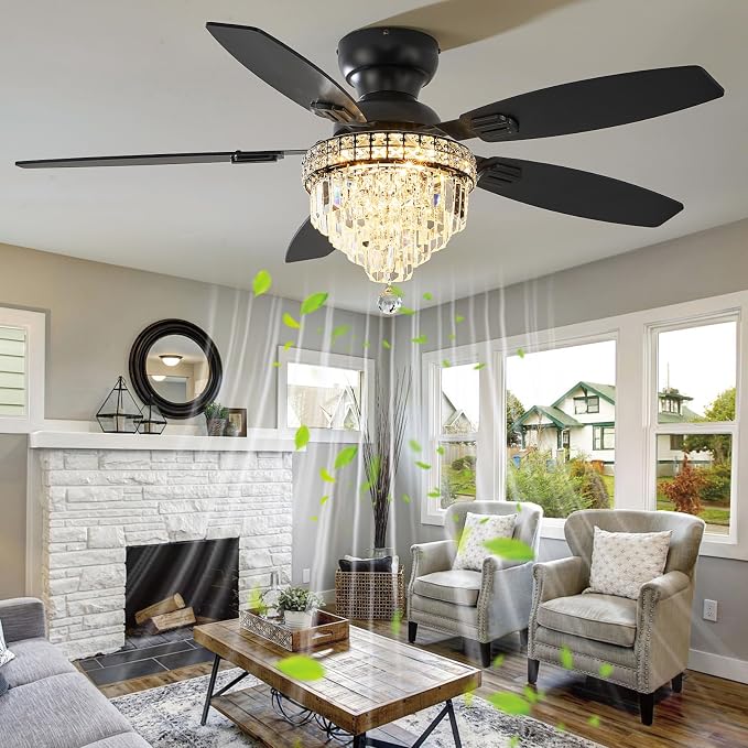Crystal Ceiling Fan Fandelier with Lights-Ceiling Fans,50" Low Profile and Remote Control, Flush Mount, alternate view 5