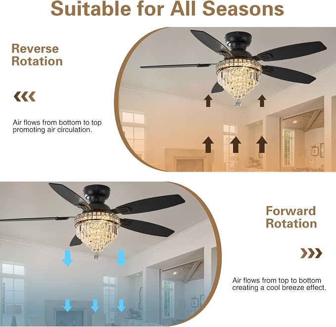 Crystal Ceiling Fan Fandelier with Lights-Ceiling Fans,50" Low Profile and Remote Control, Flush Mount, alternate view 6
