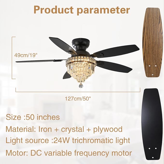 Crystal Ceiling Fan Fandelier with Lights-Ceiling Fans,50" Low Profile and Remote Control, Flush Mount, alternate view 7