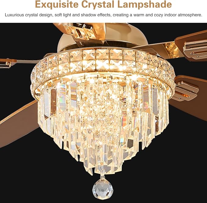 Crystal Ceiling Fan Fandelier with Lights-Ceiling Fans with Lights,50" Low Profile and Remote Control, Flush, alternate view