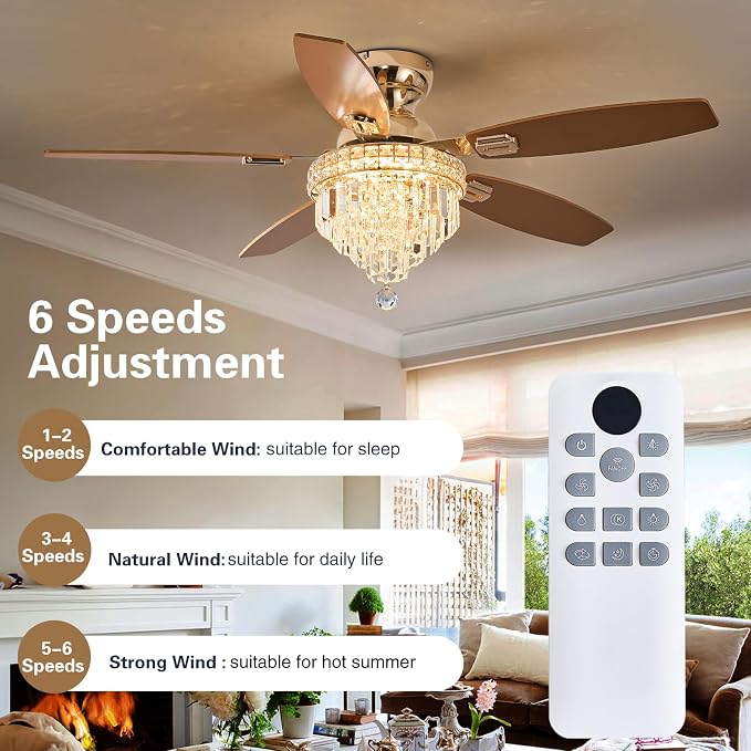 Crystal Ceiling Fan Fandelier with Lights-Ceiling Fans with Lights,50" Low Profile and Remote Control, Flush, alternate view