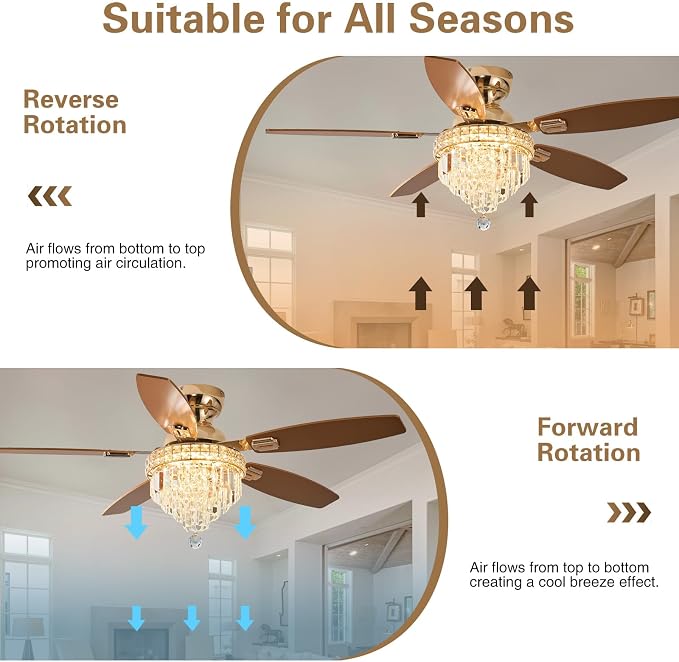 Crystal Ceiling Fan Fandelier with Lights-Ceiling Fans with Lights,50" Low Profile and Remote Control, Flush, alternate view