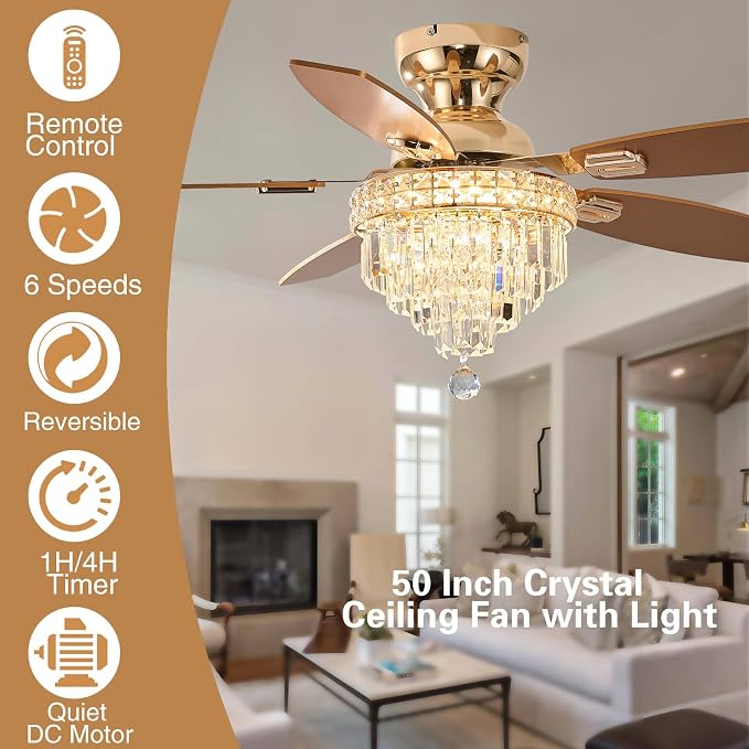 Crystal Ceiling Fan Fandelier with Lights-Ceiling Fans with Lights,50" Low Profile and Remote Control, Flush, alternate view